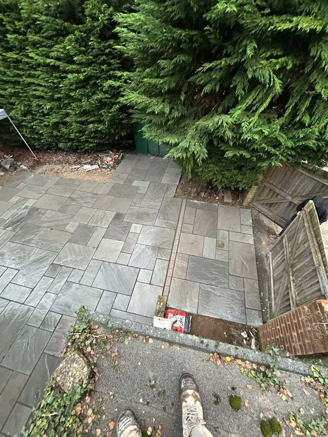 Completed Broadbridge Heath sandstone patio viewed from above