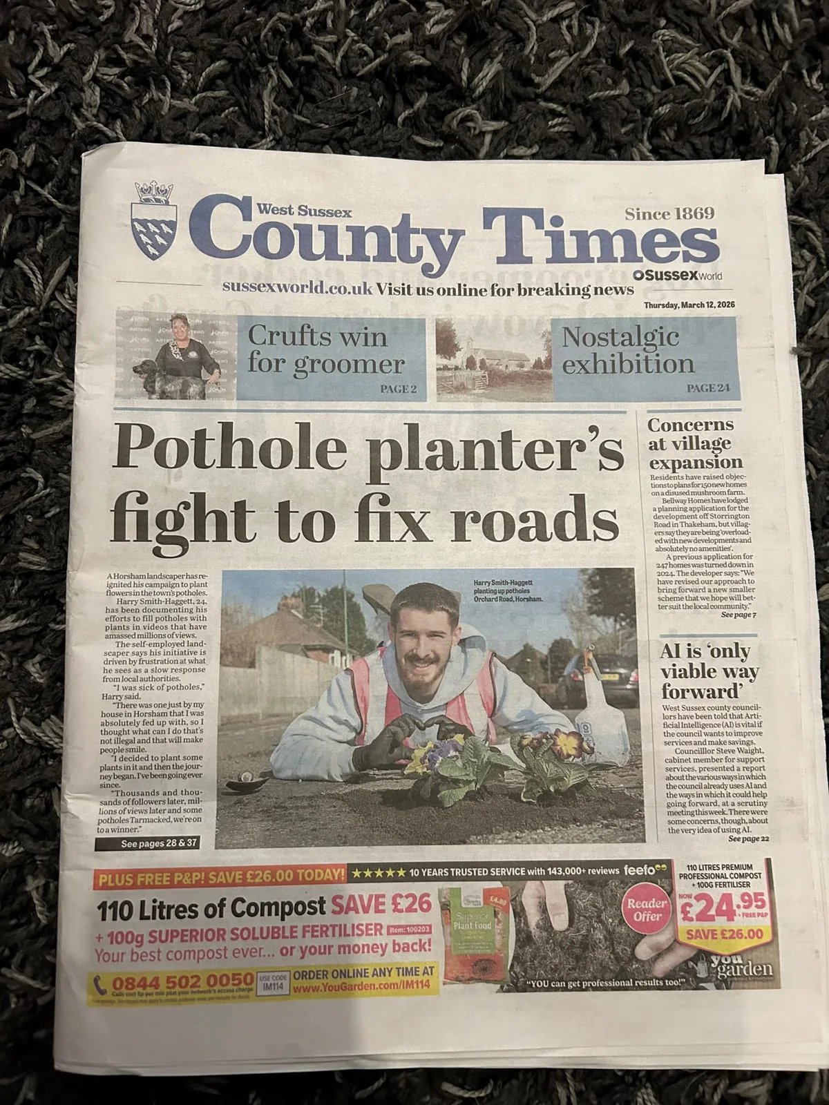 County Times front page featuring Harry Smith-Haggett's pothole planting campaign